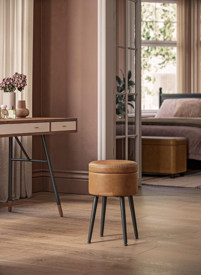 VASAGLE EKHO Collection - Storage Ottoman, Vanity Chair Stool, Synthetic Leather with Stitching, Mid-Century Modern, Round Storage Seat with Steel Legs, Loads 330 lb, Caramel Brown ULOM005K01 - Image 3