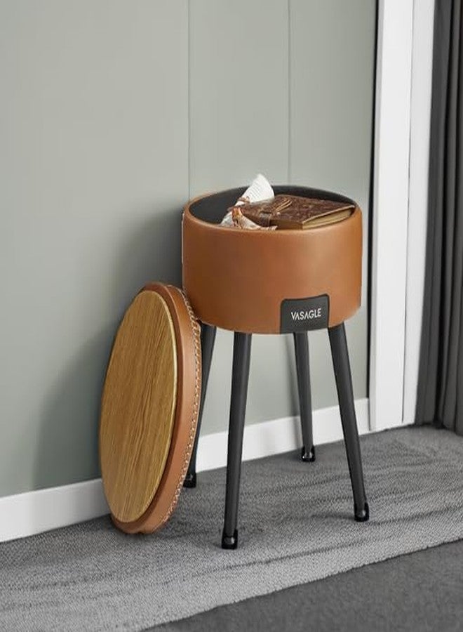 VASAGLE EKHO Collection - Storage Ottoman, Vanity Chair Stool, Synthetic Leather with Stitching, Mid-Century Modern, Round Storage Seat with Steel Legs, Loads 330 lb, Caramel Brown ULOM005K01 - Image 5