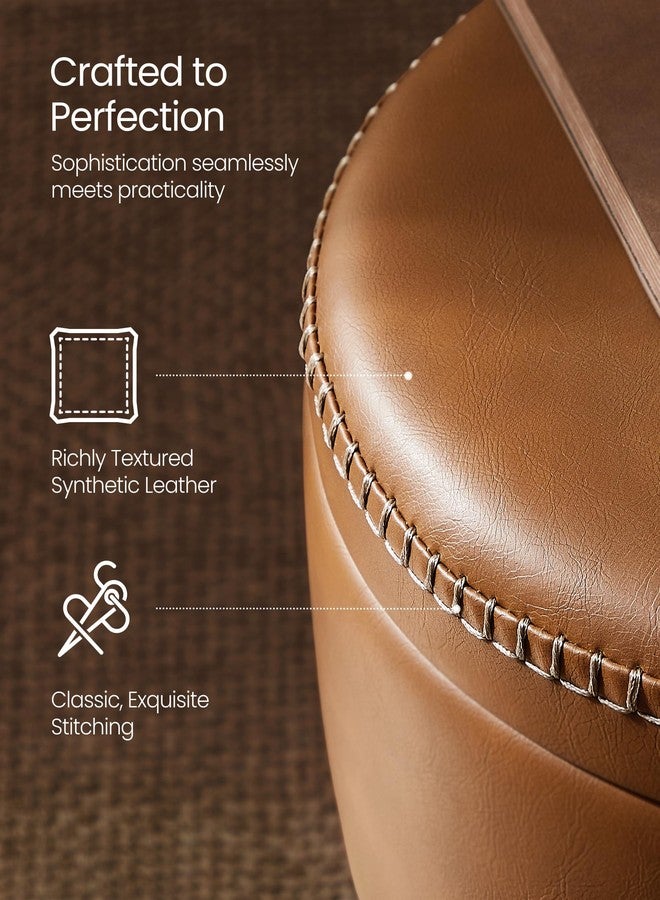 VASAGLE EKHO Collection - Storage Ottoman, Vanity Chair Stool, Synthetic Leather with Stitching, Mid-Century Modern, Round Storage Seat with Steel Legs, Loads 330 lb, Caramel Brown ULOM005K01 - Image 4