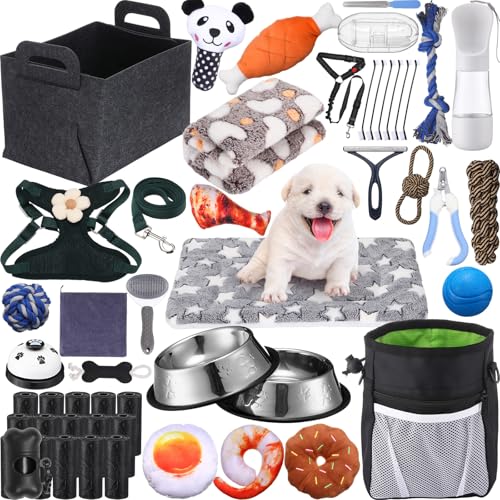 Abbylike 50 Pcs Puppy Supplies Starter Kit for Small Dogs Puppy Essentials Includes Leash Bowls Teeth Brushes Water Bottle and More Accessories for Dogs Pet Day Welcome GiftBlack - Image 1