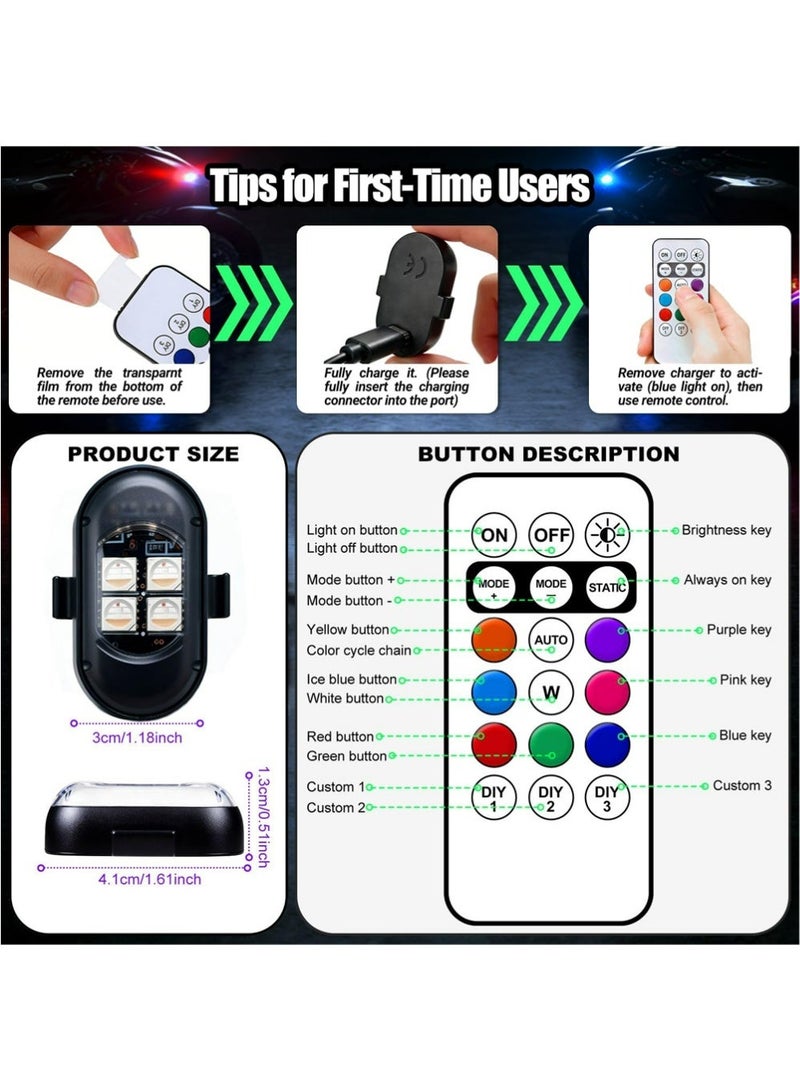 يوجي 4PCS اللاسلكي LED ضوء الستروب مع التحكم عن بعد ، 8 ألوان USB الشحن مقاوم للماء مضاد للاصطدام أدى أضواء تحذير الطوارئ للسيارة دراجة نارية طائرة بدون طيار دراجة - Image 3