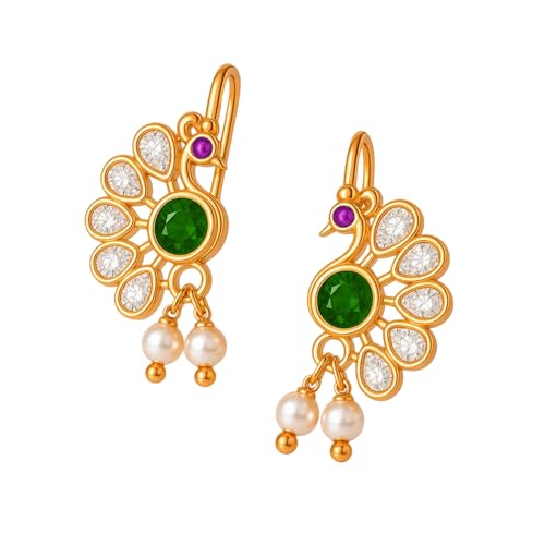 VAMA FASHIONS 18K Gold Plated Peacock Shape Maharastrian Bugadi Clip On Without piercing Earrings Crystal Stone Bugdi upper Ear Jewelry For Women & Girls - Image 1