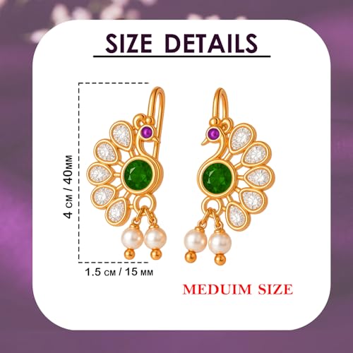 VAMA FASHIONS 18K Gold Plated Peacock Shape Maharastrian Bugadi Clip On Without piercing Earrings Crystal Stone Bugdi upper Ear Jewelry For Women & Girls - Image 3