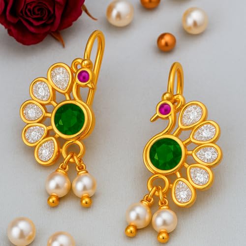 VAMA FASHIONS 18K Gold Plated Peacock Shape Maharastrian Bugadi Clip On Without piercing Earrings Crystal Stone Bugdi upper Ear Jewelry For Women & Girls - Image 4