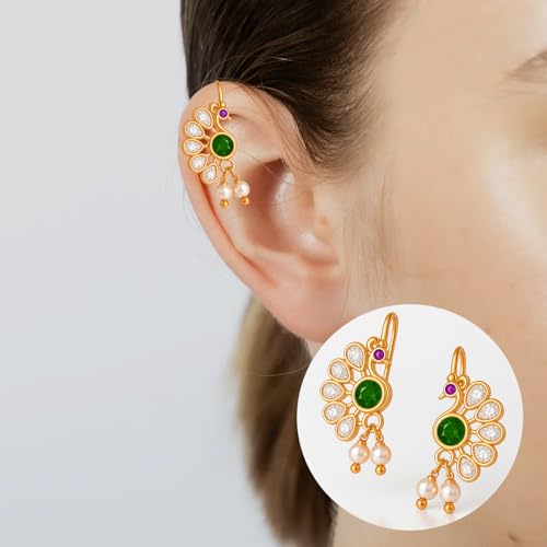 VAMA FASHIONS 18K Gold Plated Peacock Shape Maharastrian Bugadi Clip On Without piercing Earrings Crystal Stone Bugdi upper Ear Jewelry For Women & Girls - Image 2