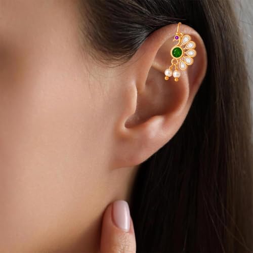 VAMA FASHIONS 18K Gold Plated Peacock Shape Maharastrian Bugadi Clip On Without piercing Earrings Crystal Stone Bugdi upper Ear Jewelry For Women & Girls - Image 5