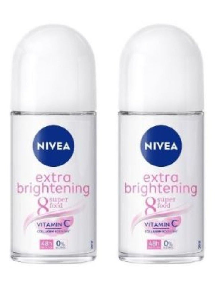 Nivea Pack Of 2 Extra Brightening 8 Super Deodorant Food Roll On 50ml - Image 1