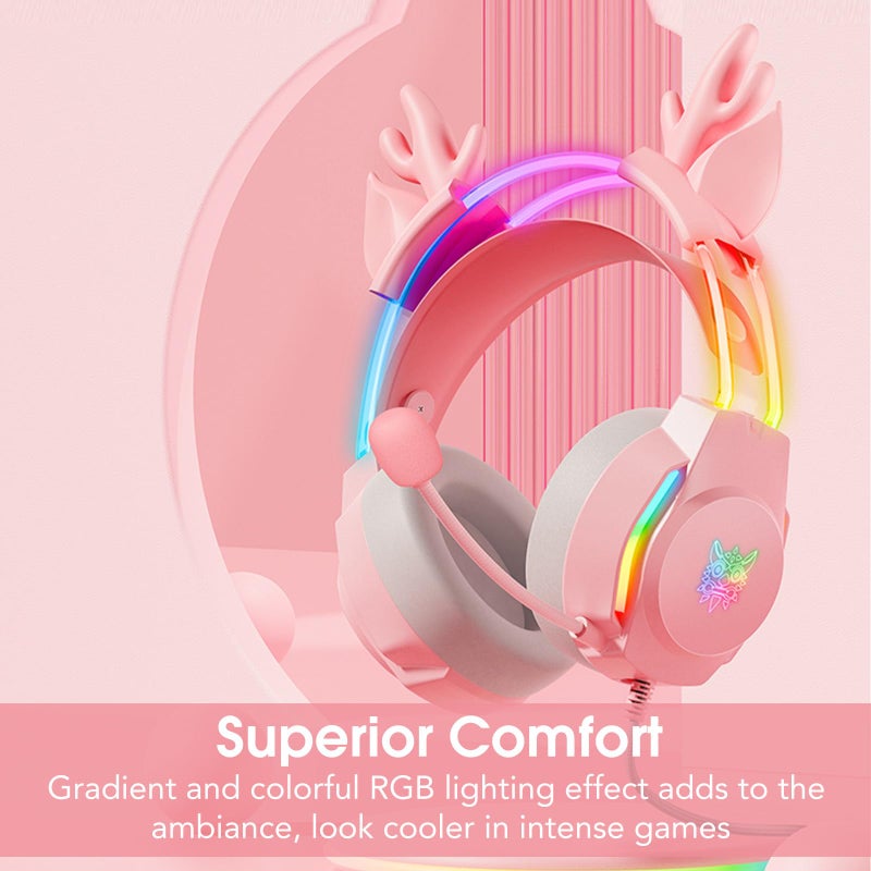 ONITOON Gaming Headset with Microphone, Deer Ears Headphones for PC Laptop PS4 PS5 Xbox Switch, Rainbow RGB Lighting & Virtual Surround Sound, 3.5mm Over Ear Headphones, Ergonomic - Image 2