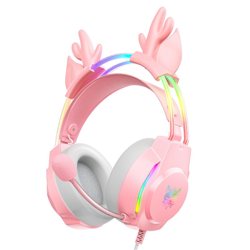 ONITOON Gaming Headset with Microphone, Deer Ears Headphones for PC Laptop PS4 PS5 Xbox Switch, Rainbow RGB Lighting & Virtual Surround Sound, 3.5mm Over Ear Headphones, Ergonomic - Image 1