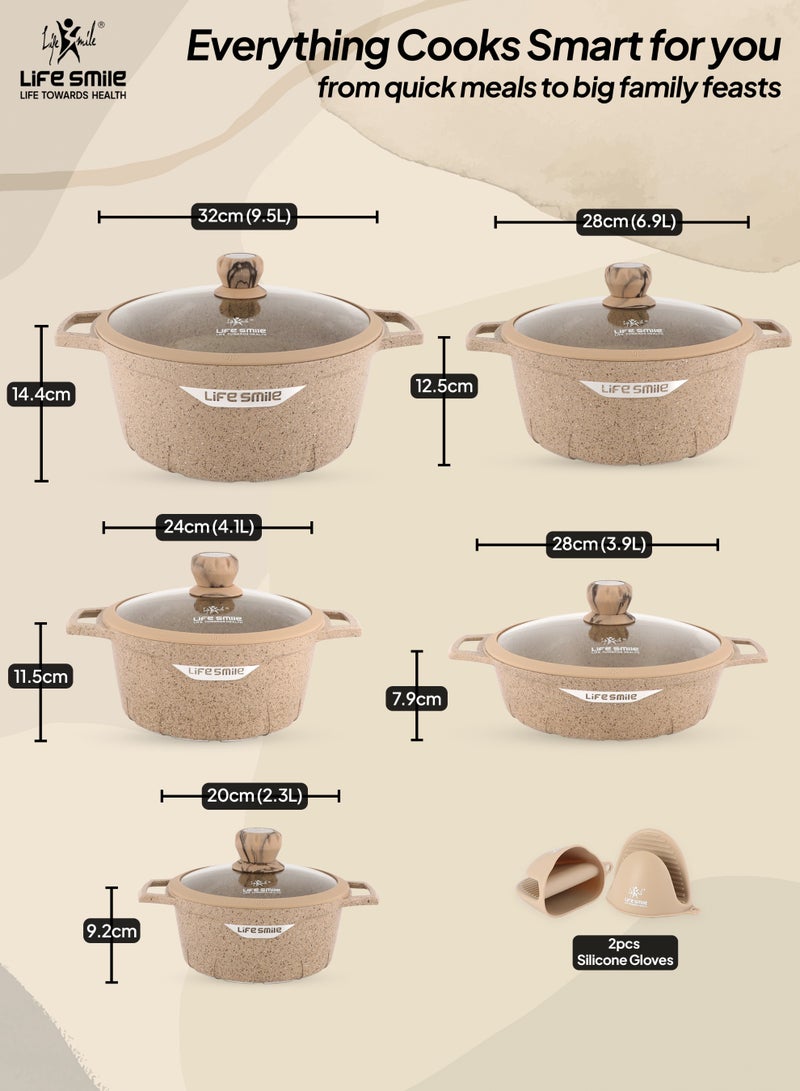 Life Smile 12pcs Nonstick Granite Cookware Set – Premium Non Stick Cookwares & Kitchen Cooking Pots | Induction Base Pots & Pans Cookware Set | Casseroles (20/24/28/32cm) with Lids + 28cm Shallow Pot & 2 Silicone Utensils - Image 3