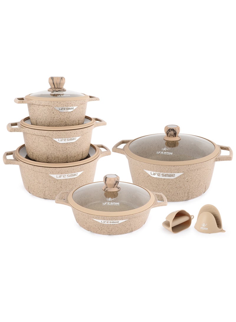 Life Smile 12pcs Nonstick Granite Cookware Set – Premium Non Stick Cookwares & Kitchen Cooking Pots | Induction Base Pots & Pans Cookware Set | Casseroles (20/24/28/32cm) with Lids + 28cm Shallow Pot & 2 Silicone Utensils - Image 1