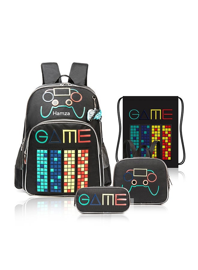 Eazy Kids - Personalized 17Inch Set of 4 School Bag with Lunch Bag, Activity Bag and Pencil Case Gen Z Gamer - Black - Image 2