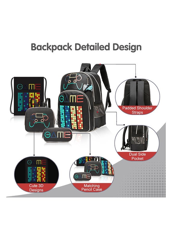 Eazy Kids - Personalized 17Inch Set of 4 School Bag with Lunch Bag, Activity Bag and Pencil Case Gen Z Gamer - Black - Image 5