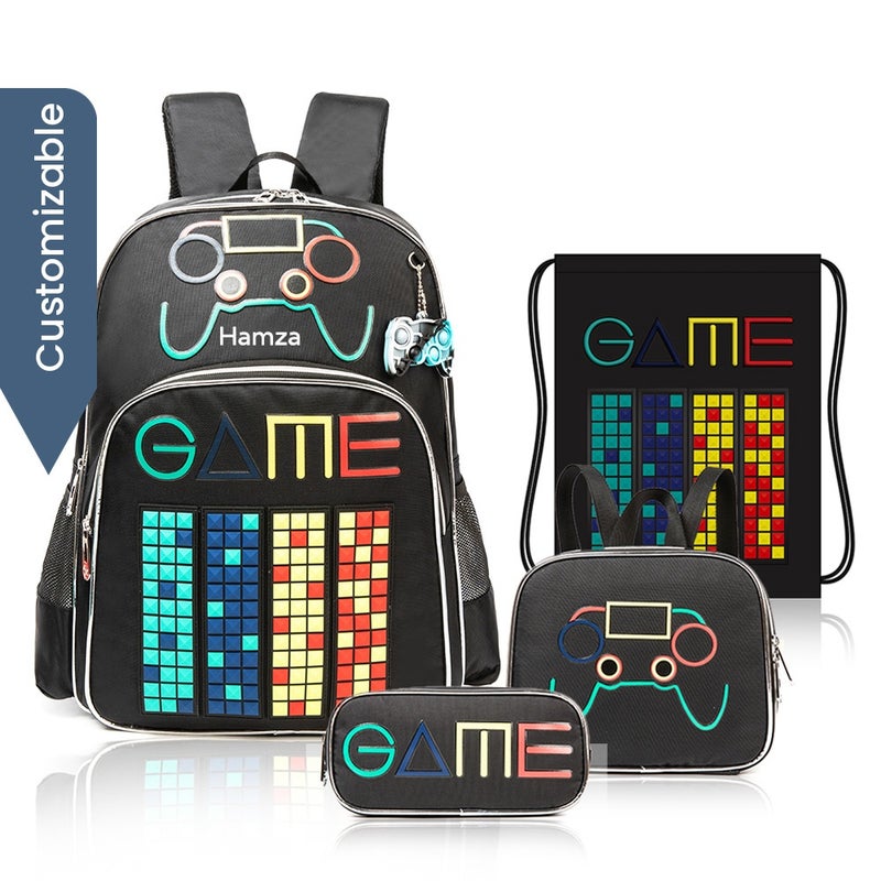 Eazy Kids - Personalized 17Inch Set of 4 School Bag with Lunch Bag, Activity Bag and Pencil Case Gen Z Gamer - Black - Image 1