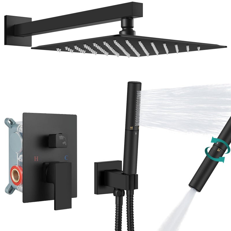 Aolemi Shower Faucet Set, High Pressure Shower System with 2-in-1 Handheld Sprayer, Wall Mount Fixture Combo with Rough-in Valve, 12 Inch Shower Head, Matte Black - Image 1
