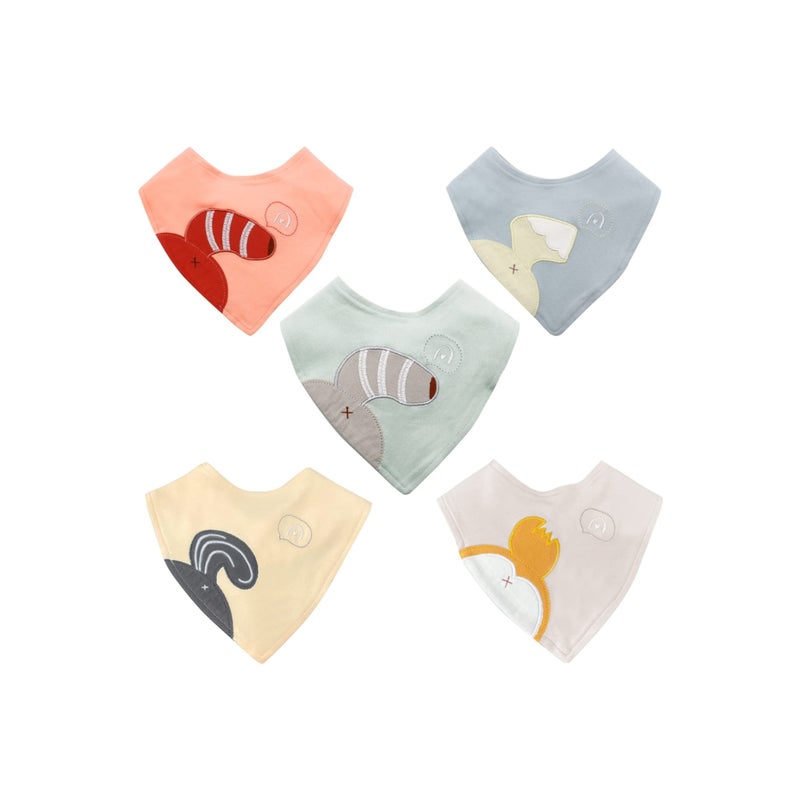 SOLARAE 5 Pack Baby Bandana Bibs Embroidery Animal Tails Cotton Drool Bibs for Baby Boys Girls Bandana Scarf Bib with Snaps - Image 1
