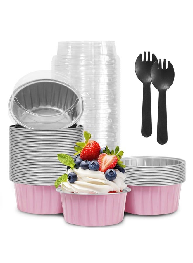 YOIYINI Valentine's Day 50Pcs Mini Aluminum Foil Cupcake,5oz Baking Cups with Lids,Mini Cake Pans Disposable,Loaf Pans with Lids,Disposable Ramekins,Tin Cups Containers for Cupcake,Pudding,Muffin (50, Pink) - Image 1