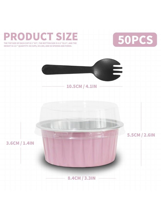 YOIYINI Valentine's Day 50Pcs Mini Aluminum Foil Cupcake,5oz Baking Cups with Lids,Mini Cake Pans Disposable,Loaf Pans with Lids,Disposable Ramekins,Tin Cups Containers for Cupcake,Pudding,Muffin (50, Pink) - Image 2