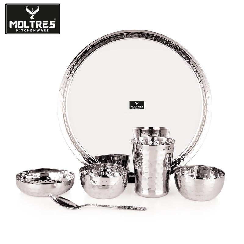 MOLTRES Royal 6pc Hammered Mirror Finish Stainless Steel Dinner Set 1 Thali 1 Plate 2 Bowl 1 Glass 1 Spoon Luxury Design Dinner Set for Home Gifting Thali Diameter 115 Inch Set Of 6 - Image 5