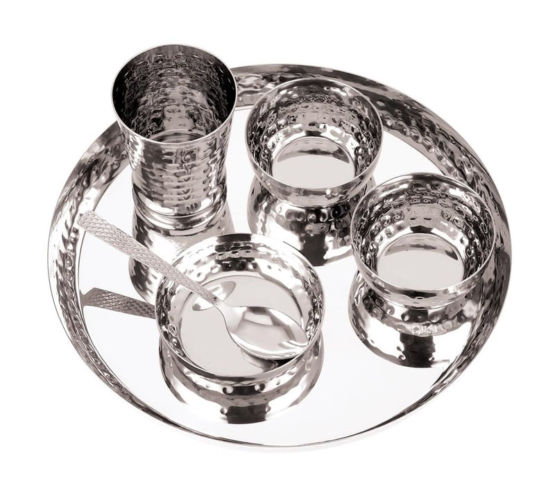 MOLTRES Royal 6pc Hammered Mirror Finish Stainless Steel Dinner Set 1 Thali 1 Plate 2 Bowl 1 Glass 1 Spoon Luxury Design Dinner Set for Home Gifting Thali Diameter 115 Inch Set Of 6 - Image 1