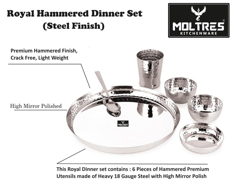 MOLTRES Royal 6pc Hammered Mirror Finish Stainless Steel Dinner Set 1 Thali 1 Plate 2 Bowl 1 Glass 1 Spoon Luxury Design Dinner Set for Home Gifting Thali Diameter 115 Inch Set Of 6 - Image 4