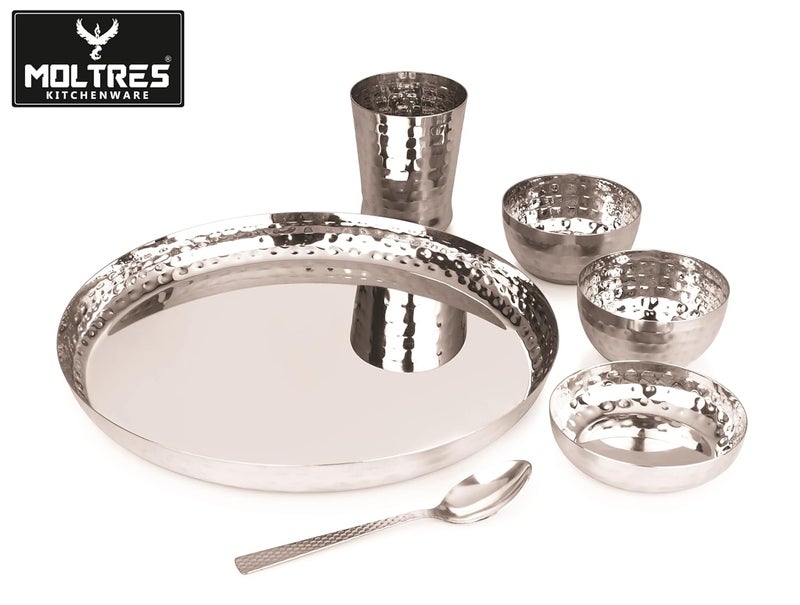 MOLTRES Royal 6pc Hammered Mirror Finish Stainless Steel Dinner Set 1 Thali 1 Plate 2 Bowl 1 Glass 1 Spoon Luxury Design Dinner Set for Home Gifting Thali Diameter 115 Inch Set Of 6 - Image 3