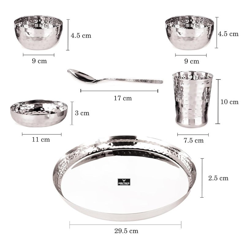 MOLTRES Royal 6pc Hammered Mirror Finish Stainless Steel Dinner Set 1 Thali 1 Plate 2 Bowl 1 Glass 1 Spoon Luxury Design Dinner Set for Home Gifting Thali Diameter 115 Inch Set Of 6 - Image 2