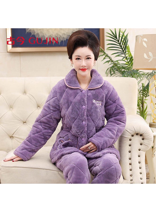Gujin Women's Autumn Winter Quilted Three-layer Cotton Padded Plus Velvet Thickened Large Size Warm Pajama Set For Elderly Mothers Homewear