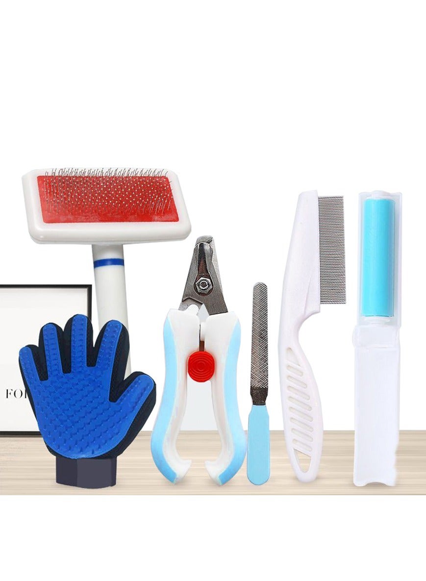 5 Pcs Grooming Brush for Cats & Dogs, Grooming Tool Set with Pet Self-Cleaning Slicker Brush, Pet Nail Clipper and File, Flea Comb, Cute Dog& Cat Bath Brush Comb for Small & Medium Pet