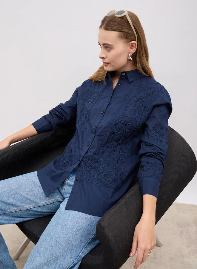Styli Embroidered Regular Fit Spread Collar Shirt