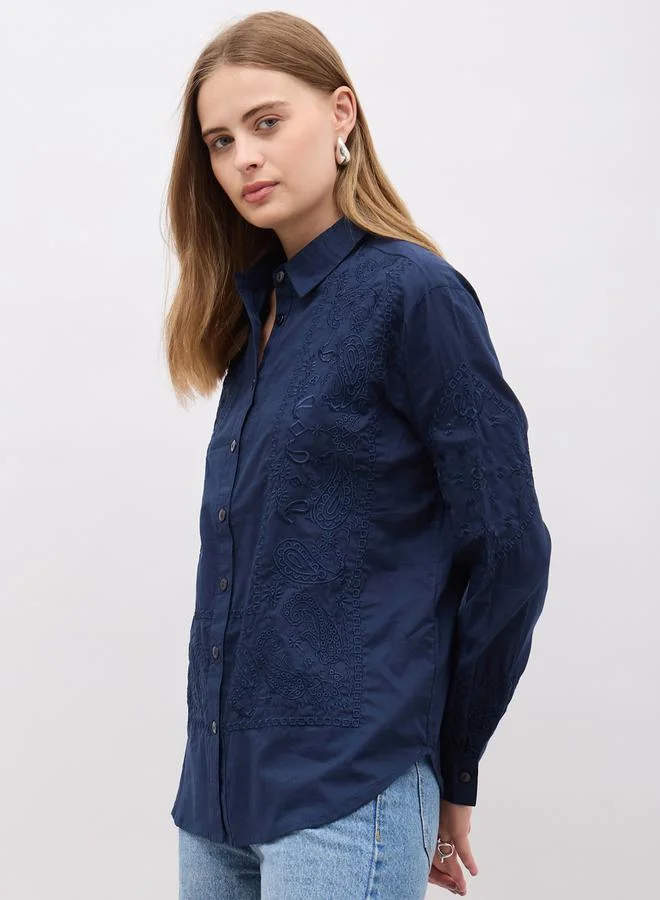 Styli Embroidered Regular Fit Spread Collar Shirt