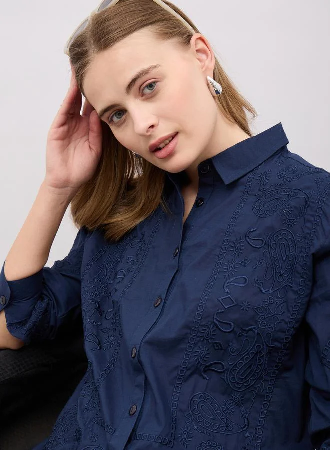 Styli Embroidered Regular Fit Spread Collar Shirt