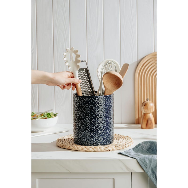 MIKIGEY Kitchen Utensil Holder, 6x7 inch Large Ceramic Utensil Holder with Embossed Pattern, Cooking Utensil Crocks for Kitchen Countertop, Home Decor, Blue - Image 5
