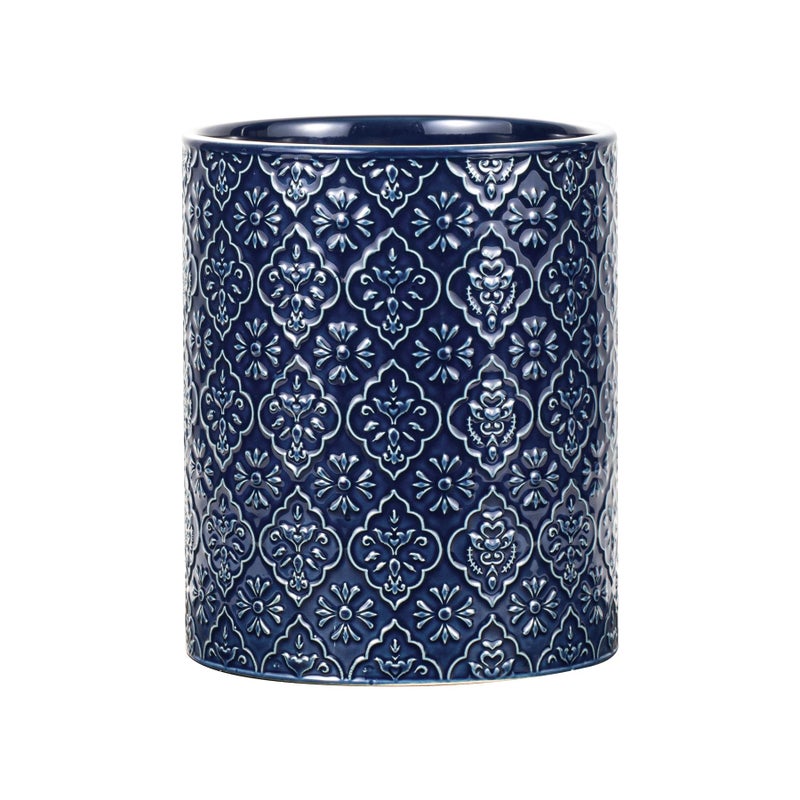 MIKIGEY Kitchen Utensil Holder, 6x7 inch Large Ceramic Utensil Holder with Embossed Pattern, Cooking Utensil Crocks for Kitchen Countertop, Home Decor, Blue - Image 1