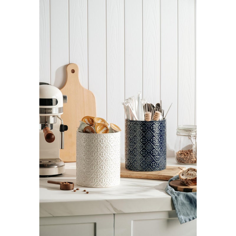 MIKIGEY Kitchen Utensil Holder, 6x7 inch Large Ceramic Utensil Holder with Embossed Pattern, Cooking Utensil Crocks for Kitchen Countertop, Home Decor, Blue - Image 2
