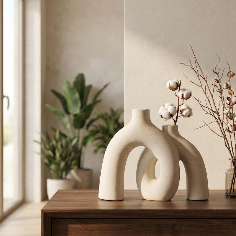 CEMABT Modern Nordic Boho Vase Set - Elegant Beige Matte Ceramic Home Decor for Living Room, Bookshelf, Mantel, Entryway Table & Console DÃ©cor | Shelf Decorations Easter Gift - Image 2