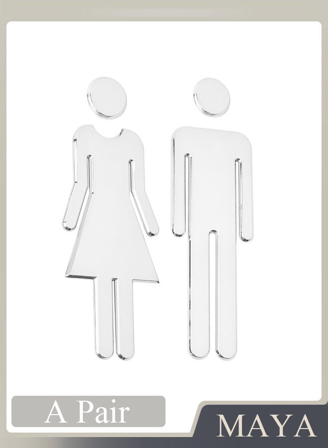 مايا لافتات ذاتية اللصق للذكور والإناث، لافتات دورات المياه، ديكورات الحمامات، لافتات مرايا بدون حفر، مناسبة للمنازل والفنادق والمكاتب والمتاجر ومواقف السيارات والمطاعم وما إلى ذلك، فضية اللون. - Image 1