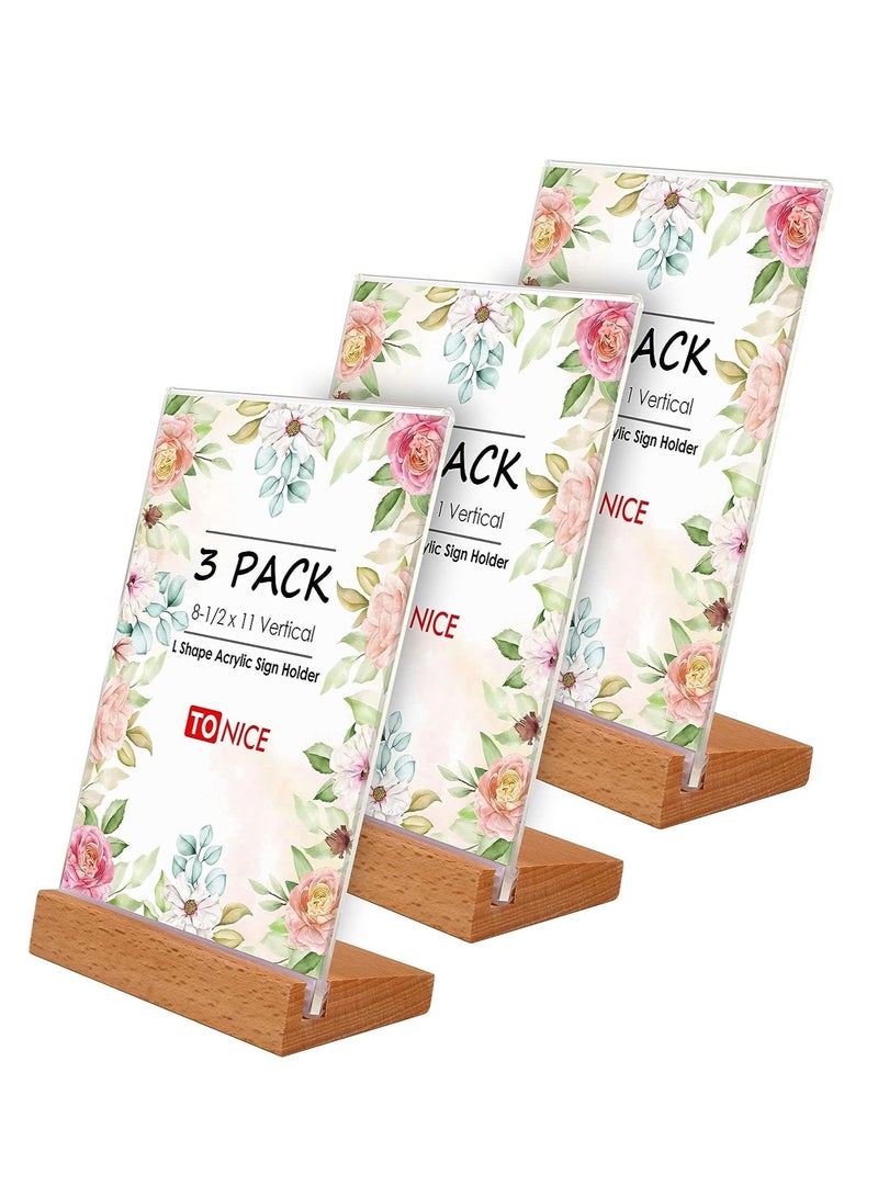 SYOSI A4 Acrylic Sign Holder Wood, 3 Pack Display Stands Double Sided Menu for Tables, Counter Poster Stand Restaurant Store Company L Shape - Image 1