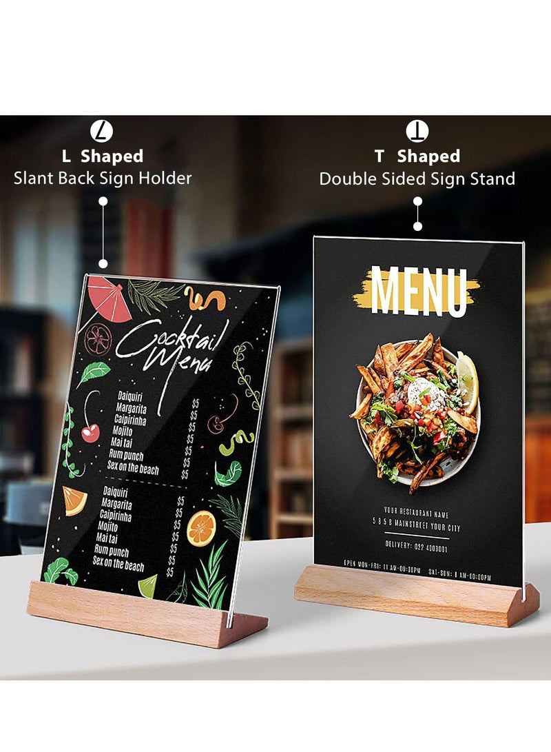 SYOSI A4 Acrylic Sign Holder Wood, 3 Pack Display Stands Double Sided Menu for Tables, Counter Poster Stand Restaurant Store Company L Shape - Image 2