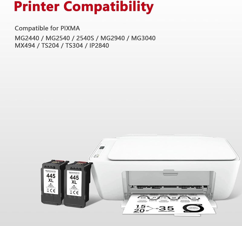 خرطوشة حبر معاد تصنيعها 445XL PG 445 بديلة لخرطوشة حبر Canon 445 XL عالية الإنتاجية باللون الأسود، متوافقة مع خرطوشة حبر Canon 445XL، متوافقة مع طابعات Canon Lp2840 Mg2440 Mg2540 Mg2940 (عبوتان باللون الأسود) - Image 2