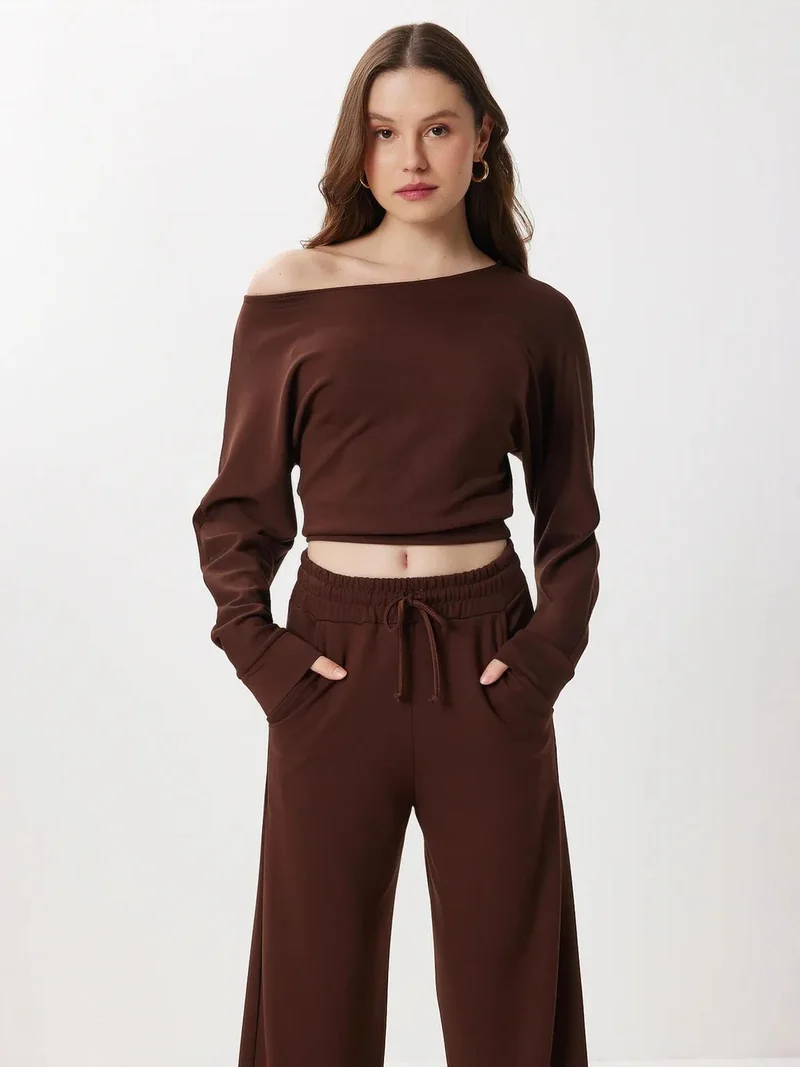 إسطنبول الساحرة ISTANBUL Asymmetrical Collar Long Sleeve Two-Piece Set with Wide Leg Pants