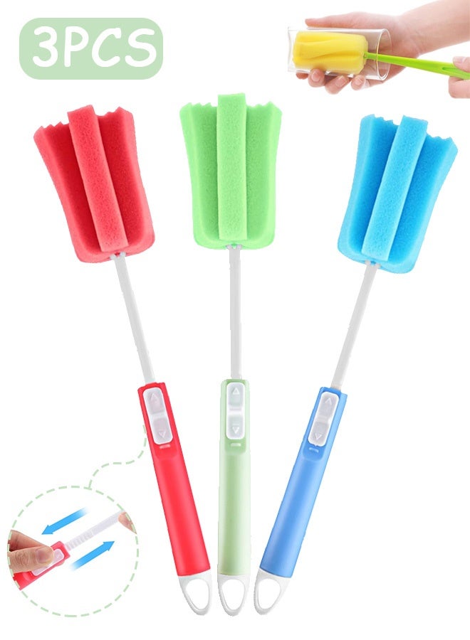 Quantum 3 PCS Sponge Clean Brush, Sponge Clean Brush With Adjustable Plastic Handle, Telescopic Bottle Cleaning Sponge Brush - Image 1
