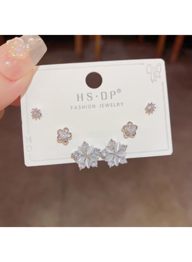 S925 Silver Needle Micro Inlaid Zircon Short Earrings Short Hair Earrings And Korean Elegant All-match Simple Three-piece Set Earrings For Women 
