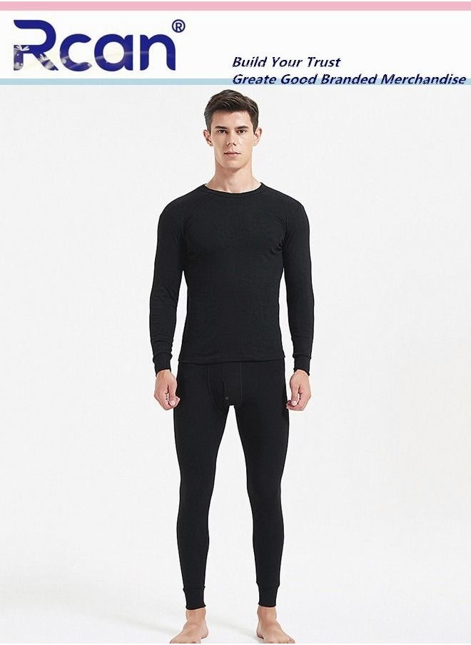 Rcan - 2 Piece Men's Round Neck Thermal Underwear Set Winter Pajamas Lightweight Slim Fitting Long Sleeved T-Shirt and Long Pants Lining Basic Layer Bottoming Shirt Plus Size - Image 1