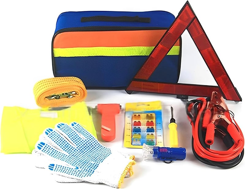 MEETOZ Car Emergency Breakdown Safety Kit 10-in-1 Vehicle Europe Roadside Assistance Travel Kit with Jump Leads,Tow Rope,Warning Triangle,Hi-Vis Vest,Emergency Hammer etc - Image 1