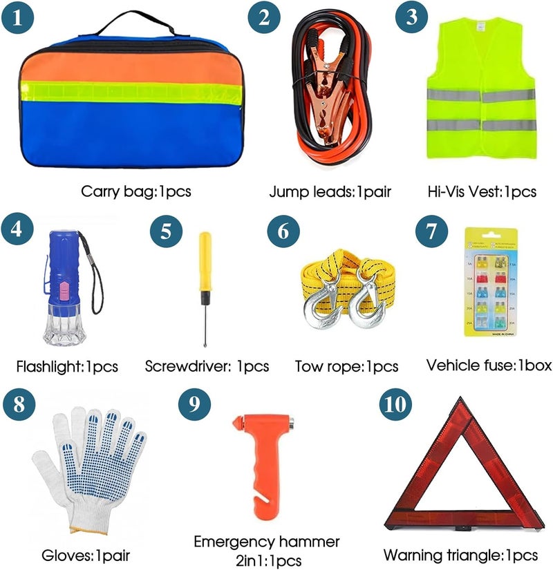 MEETOZ Car Emergency Breakdown Safety Kit 10-in-1 Vehicle Europe Roadside Assistance Travel Kit with Jump Leads,Tow Rope,Warning Triangle,Hi-Vis Vest,Emergency Hammer etc - Image 2