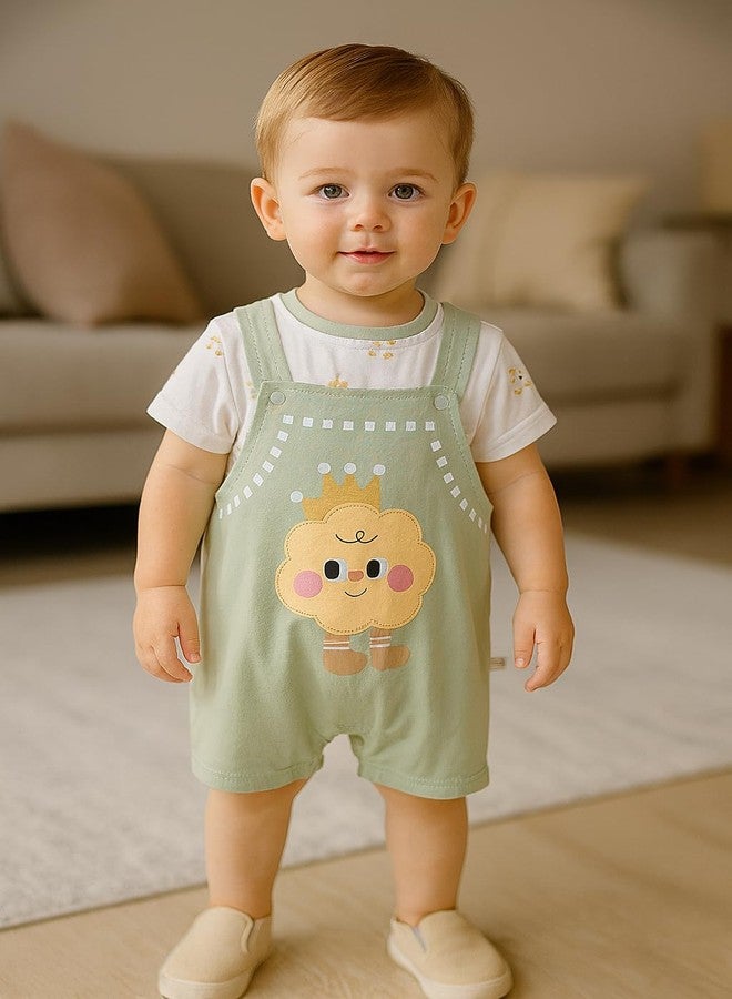 Bold N Elegant Kids Half Length Cotton 2 Piece Happy Cloud Striped T-Shirt with Dungaree Shorts Summer Clothing Set for Infant Toddler Baby Boys n Girls (Green, 12-18 Months) - Image 2