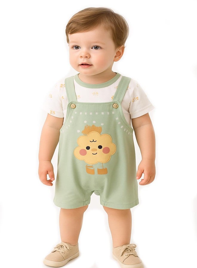 Bold N Elegant Kids Half Length Cotton 2 Piece Happy Cloud Striped T-Shirt with Dungaree Shorts Summer Clothing Set for Infant Toddler Baby Boys n Girls (Green, 12-18 Months) - Image 1