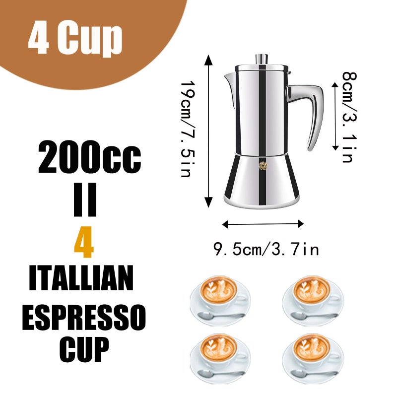 DITOSH 4 Cup Thickened 304 Stainless Steel Moka Pot Stovetop Espresso Maker Cafeteras Italian Percolator Espress Makers Capable Greca Mocha Coffee Machine for Induction Home and Camping 200ml 6.6oz - Image 2