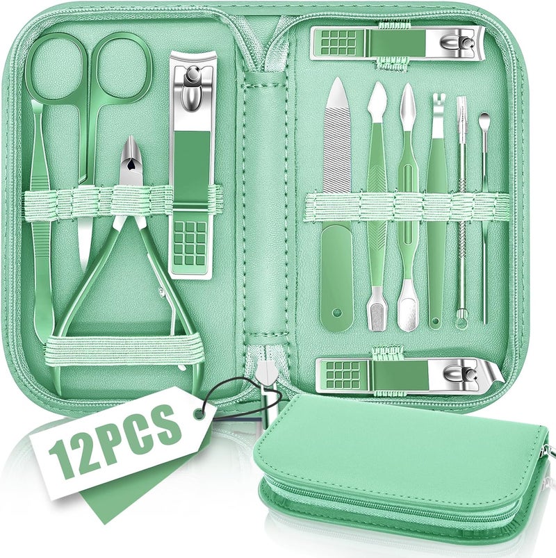 BLESWIN 12-Piece Nail Clipper Manicure Set with Green Leather Case - Image 1